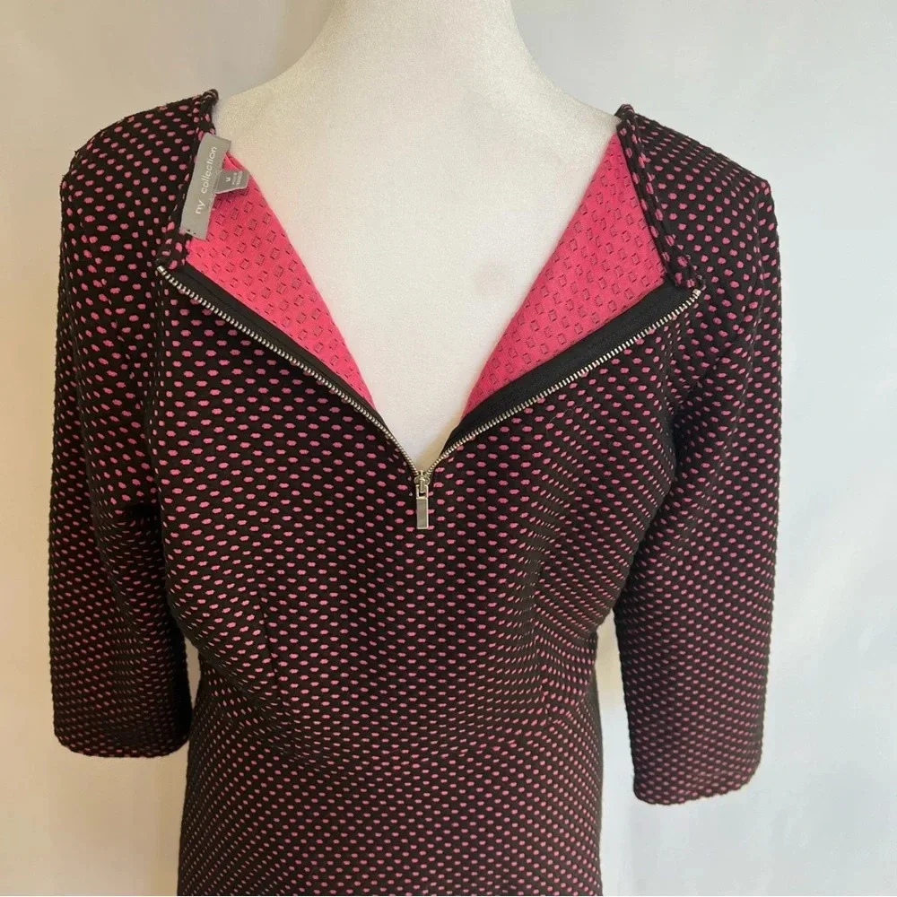 NY Collection A Line Polka Dot Dress Black Pink 3/4 Sleeve Back Zip Size Medium - Picture 14 of 15